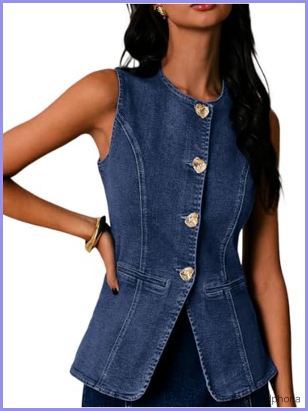 Women's Denim Vest Blazer Tops - Jean Crew Neck Button Down Full-Lined Casual